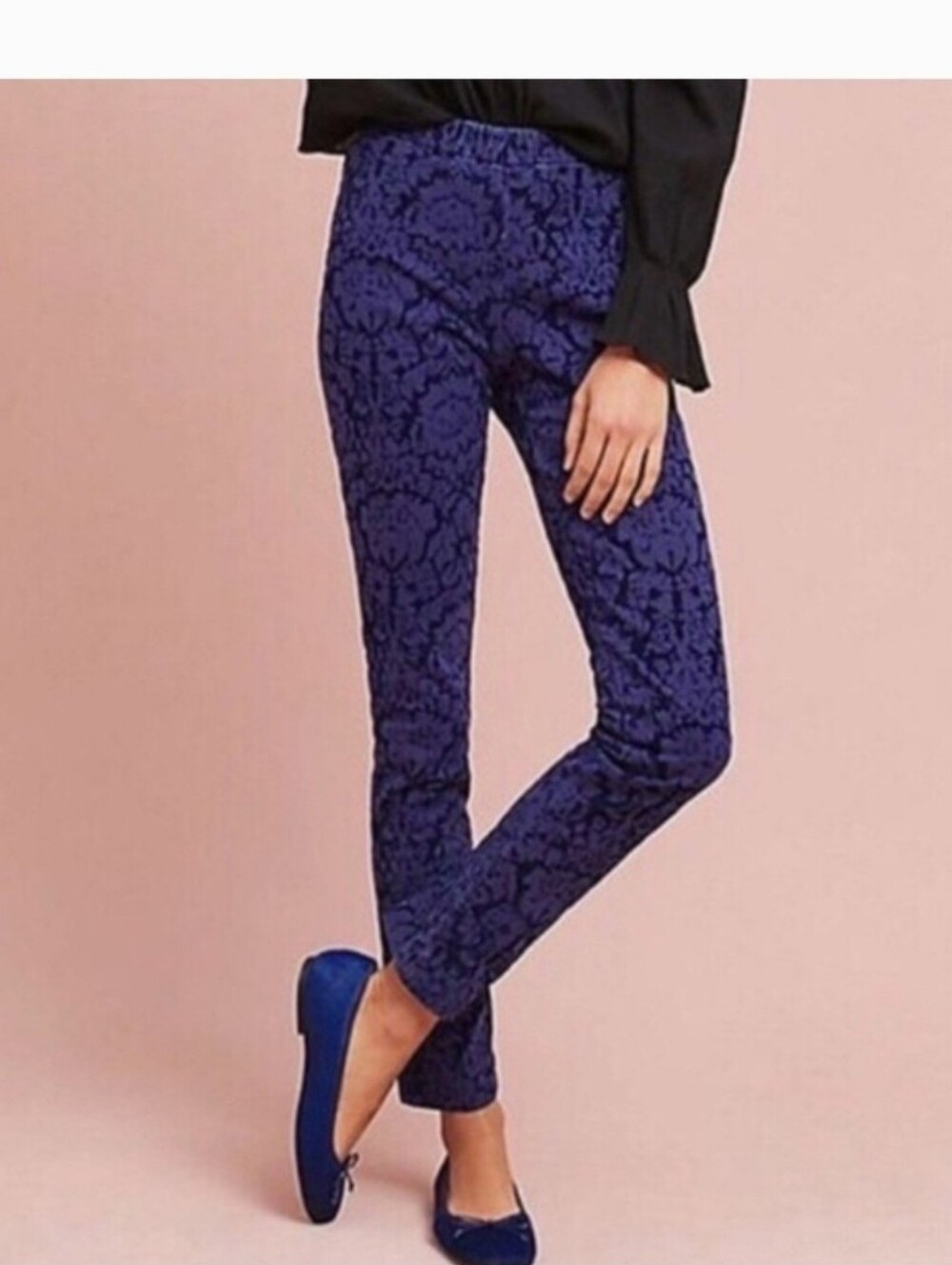 Anthropologie The Essential Skinny Navy Floral Embossed Pants 8
